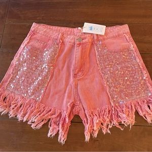 Pink Sequin High Waisted Jean Shorts